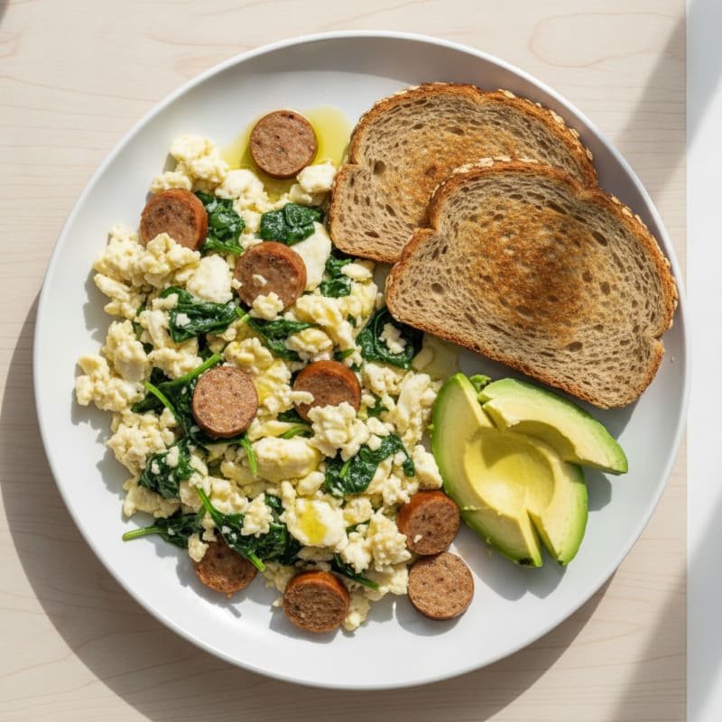 Egg White and Spinach Scramble with Turkey Sausage