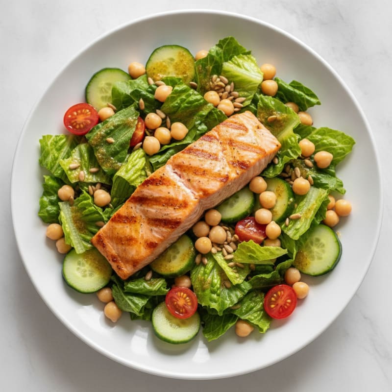 Grilled Salmon Salad with Crisp Romaine and Chickpeas