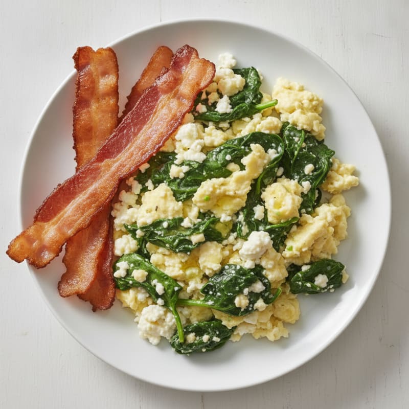 Cottage Cheese Egg Scramble with Spinach and Turkey Bacon