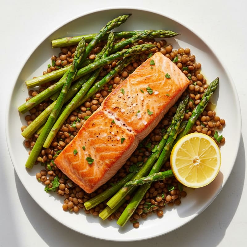 Seared Salmon Fillet with Roasted Asparagus and Lentils