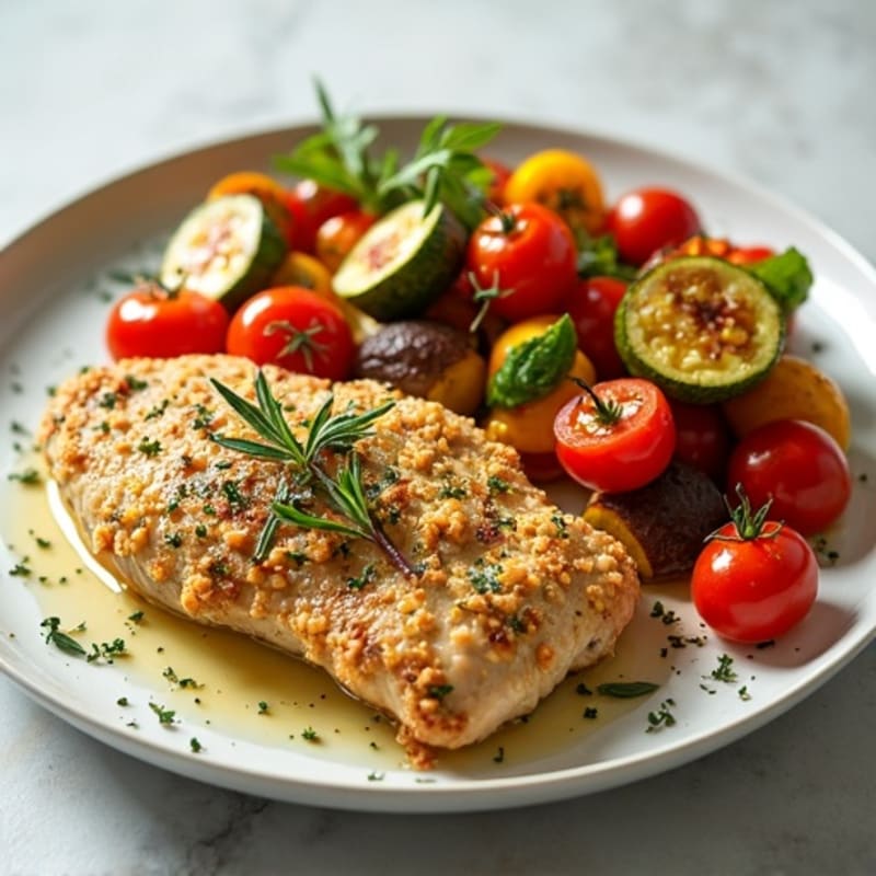 Herb-Crusted Sheet Pan Chicken with Roasted Rainbow Vegetables