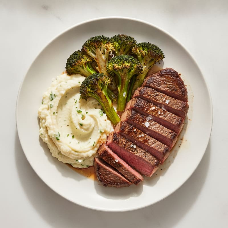Seared Lean Beef with Roasted Broccoli and Cauliflower Mash