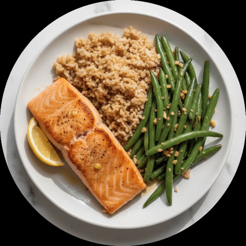Seared Salmon with Garlic Green Beans and Brown Rice