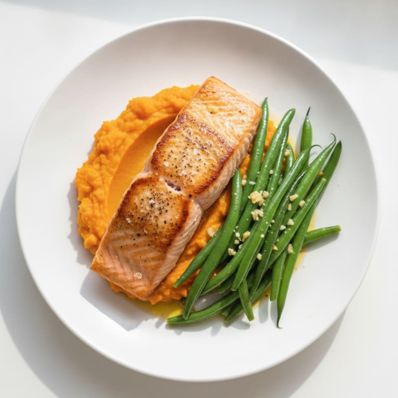 Seared Salmon Fillet with Garlic Green Beans and Sweet Potato Mash