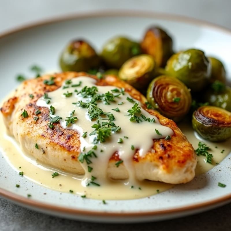 Creamy Garlic Herb Chicken with Roasted Brussels Sprouts