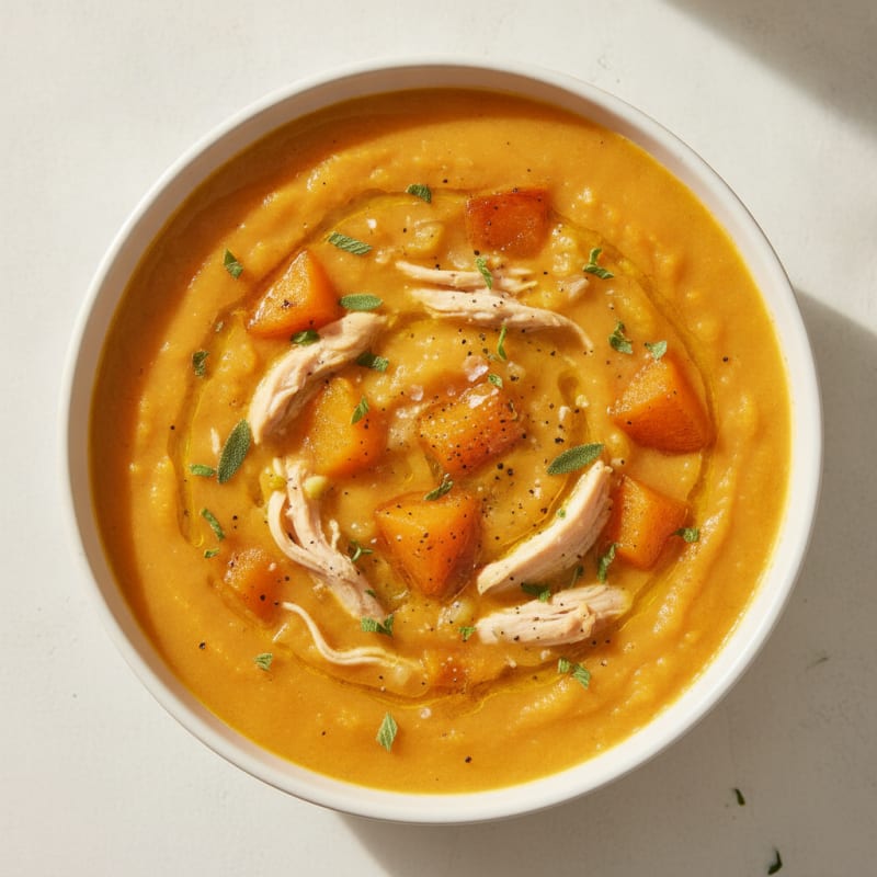Roasted Butternut Squash Soup with Sage and Pulled Chicken