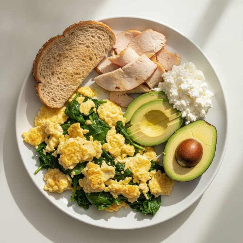 Egg White and Spinach Scramble with Cottage Cheese and Sliced Turkey