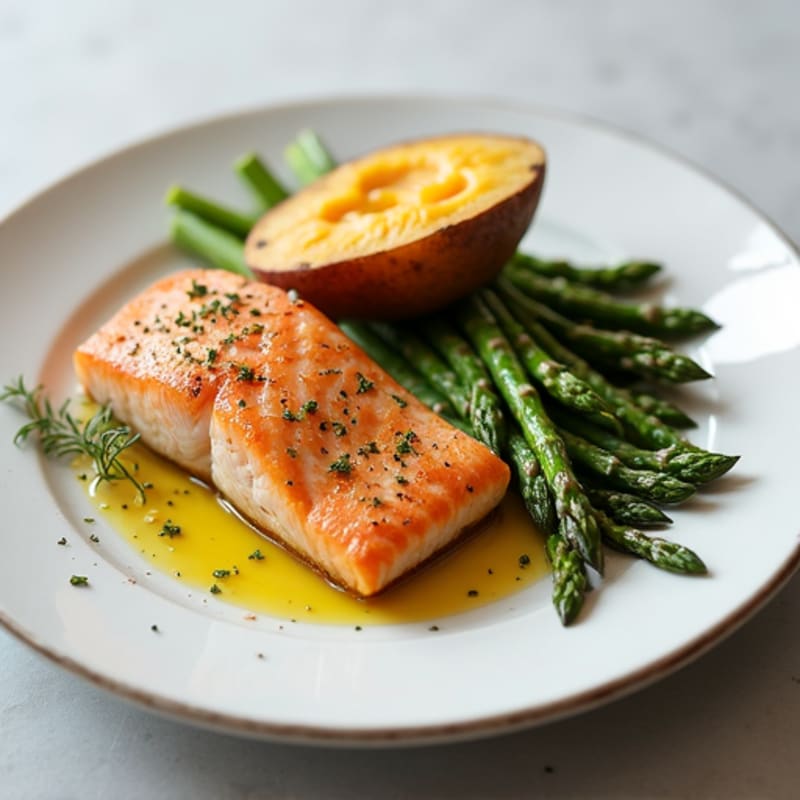 Seared Salmon with Roasted Asparagus and Sweet Potato