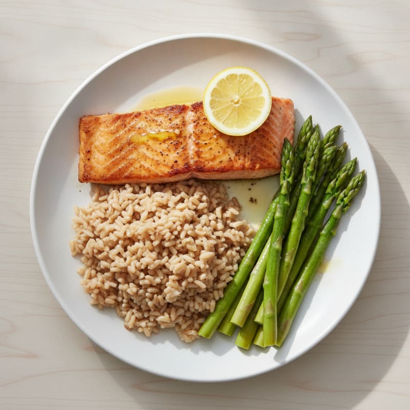 Seared Salmon with Steamed Asparagus and Brown Rice