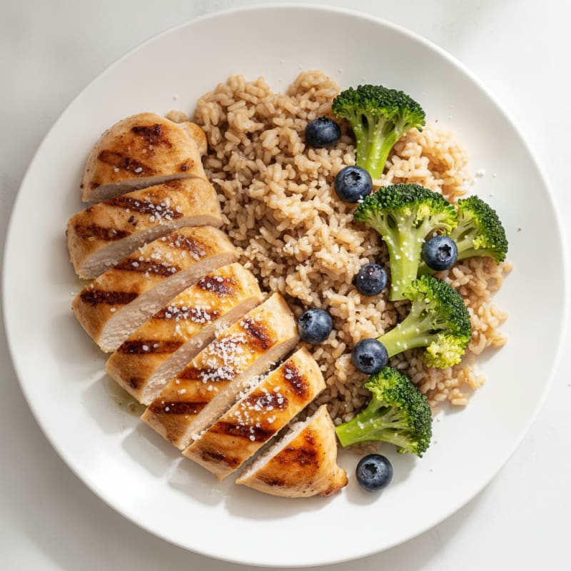 Grilled Chicken Breast with Steamed Broccoli and Brown Rice