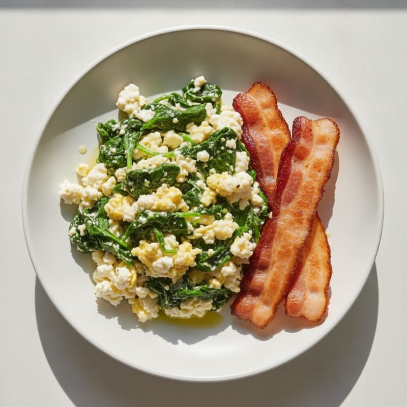 Cottage Cheese Egg Scramble with Spinach and Turkey Bacon