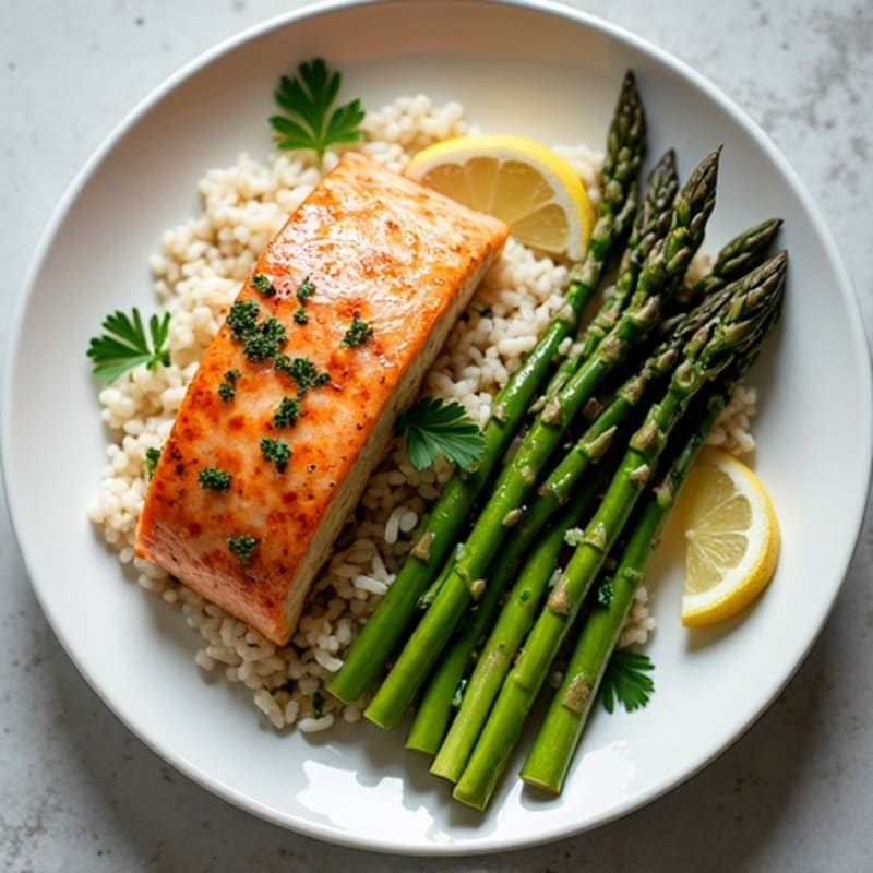 Seared Salmon Fillet with Steamed Asparagus and Herbed Brown Rice
