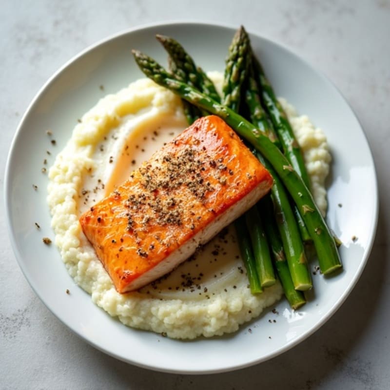 Seared Salmon with Roasted Asparagus and Cauliflower Mash