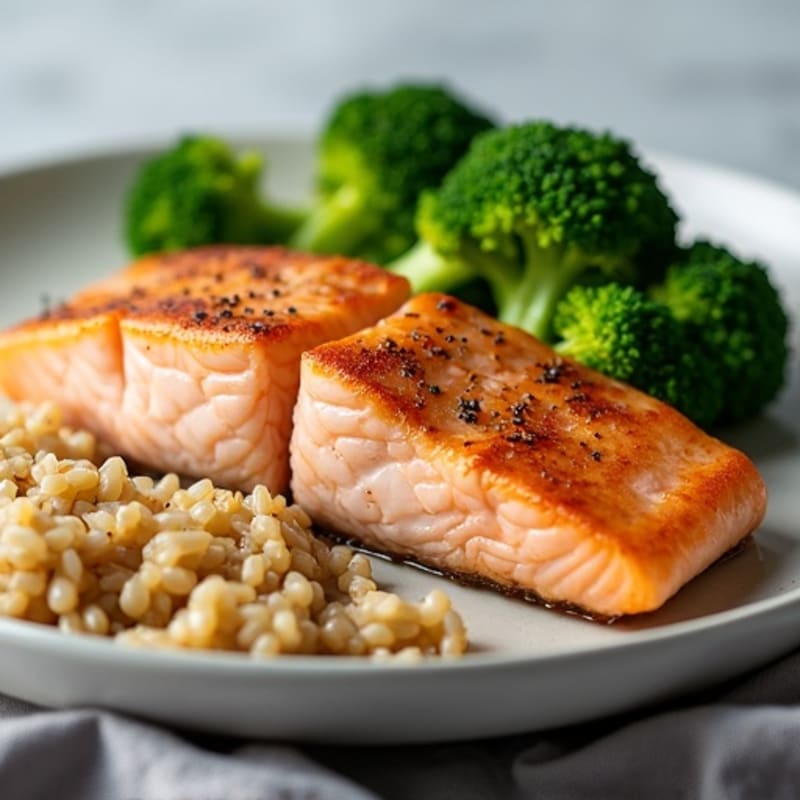 Seared Salmon with Steamed Broccoli and Brown Rice