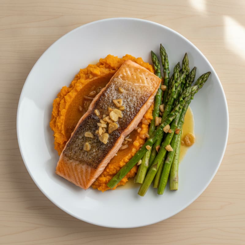 Seared Salmon Fillet with Roasted Asparagus and Sweet Potato Mash