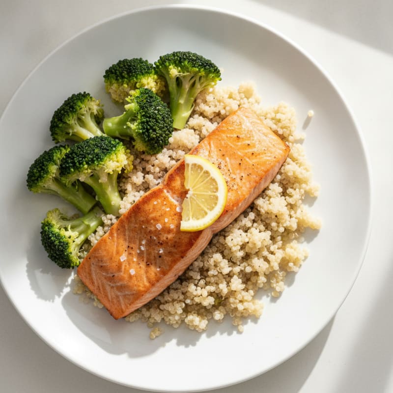 Seared Salmon Fillet with Steamed Broccoli and Quinoa