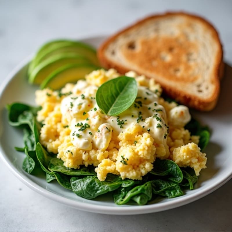 Egg White and Turkey Spinach Scramble with Cottage Cheese, Toast & Avocado