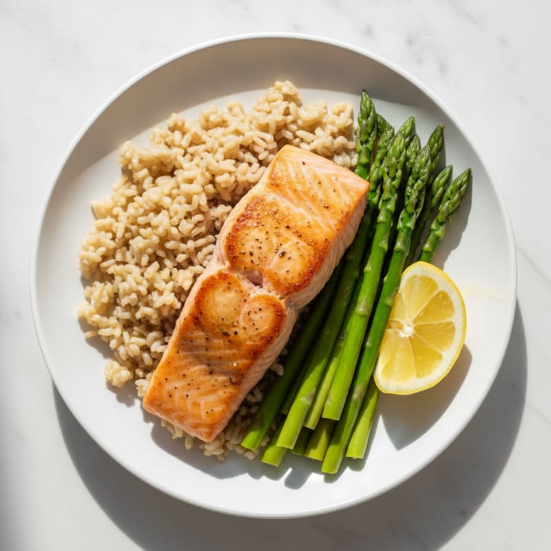 Seared Salmon Fillet with Steamed Asparagus and Brown Rice