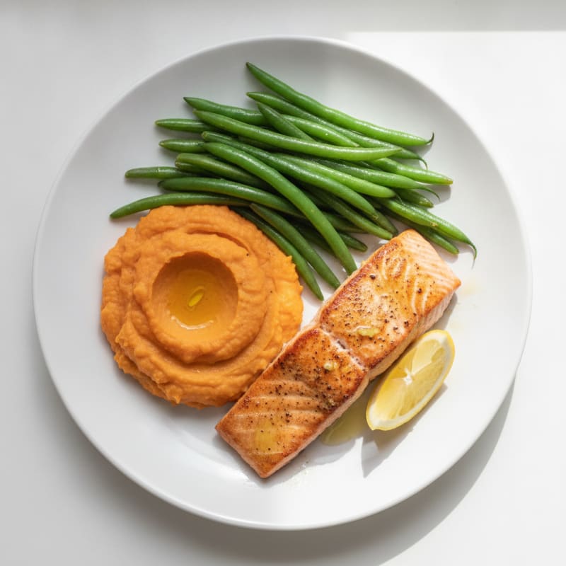 Seared Salmon with Steamed Green Beans and Sweet Potato Mash