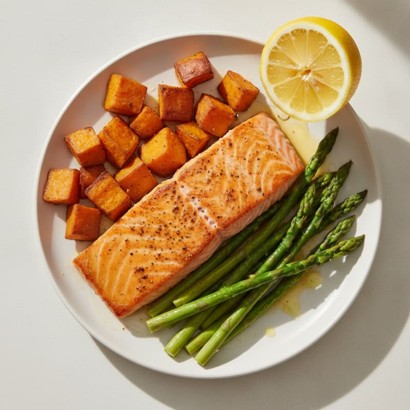 Seared Salmon with Roasted Sweet Potato and Asparagus