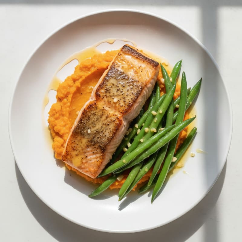 Seared Salmon with Garlic Green Beans and Sweet Potato Mash