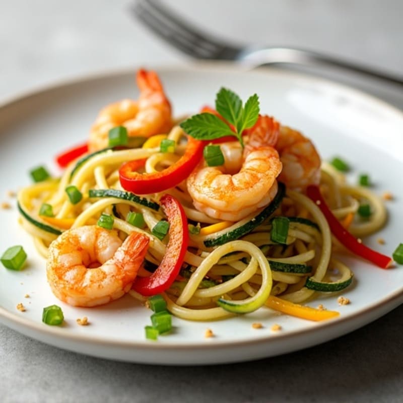 Shrimp Stir-Fry with Zucchini Noodles and Creamy Peanut Lime Sauce