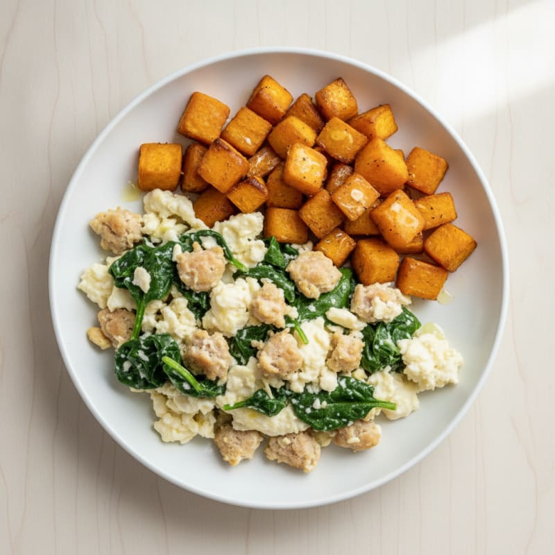 Egg White and Turkey Sausage Scramble with Sautéed Spinach
