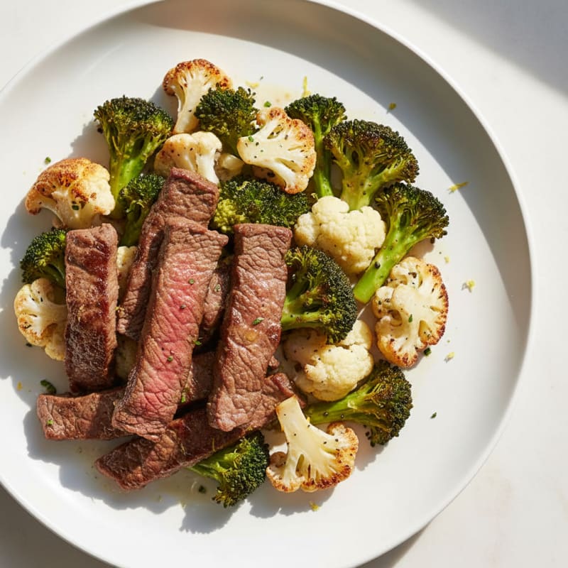 Seared Lean Beef Strips with Roasted Broccoli and Cauliflower