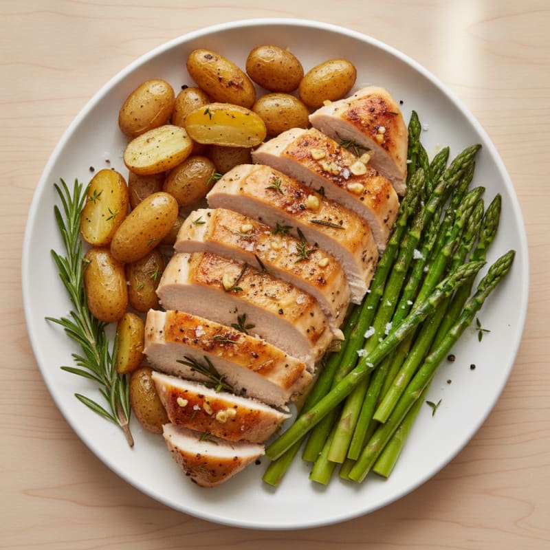 Garlic Herb Roasted Chicken with Asparagus and Fingerling Potatoes
