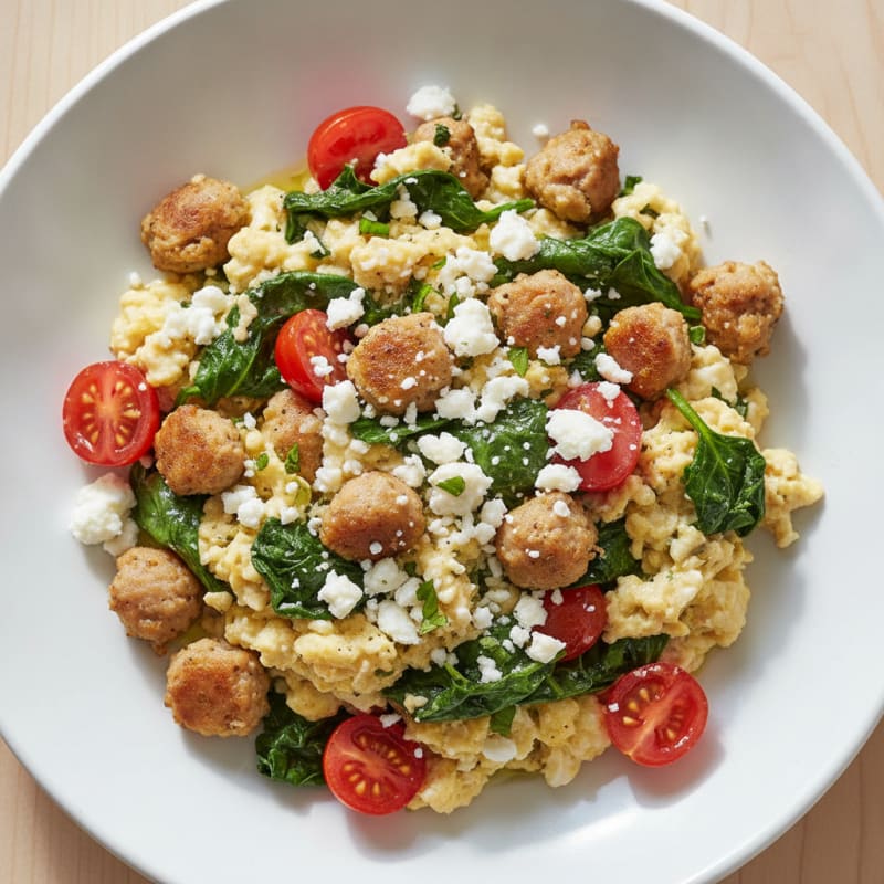Egg White and Chicken Sausage Scramble with Spinach