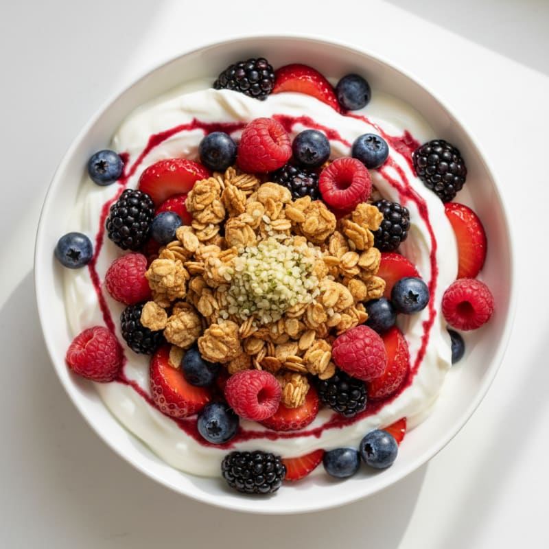Greek Yogurt Parfait with Crunchy Almond Granola and Mixed Berries