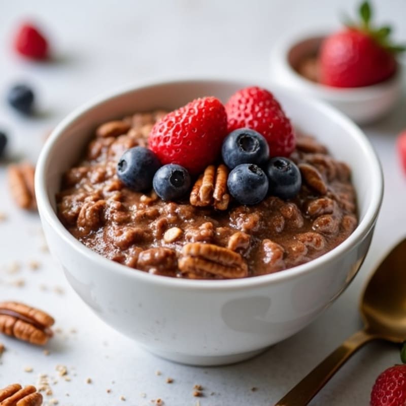 Creamy Chocolate Protein Oatmeal with Fresh Berries and Crunchy Toasted Pecans