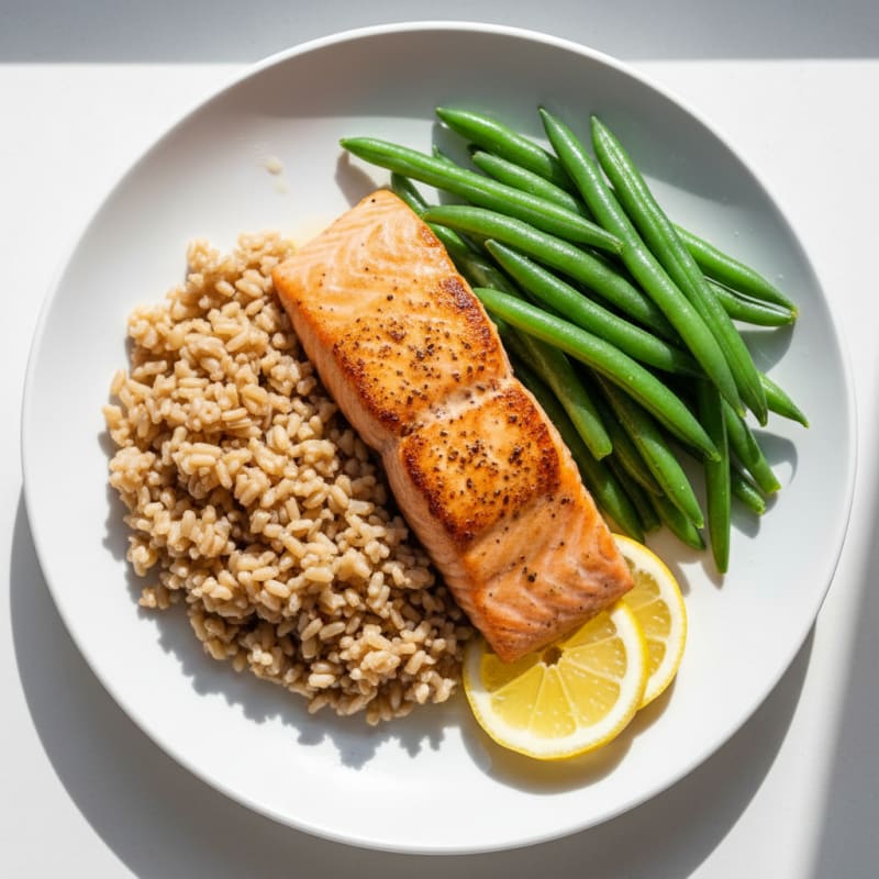 Seared Salmon Fillet with Steamed Green Beans and Brown Rice