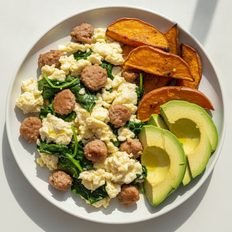 Scrambled Egg Whites with Turkey Sausage and Sautéed Spinach