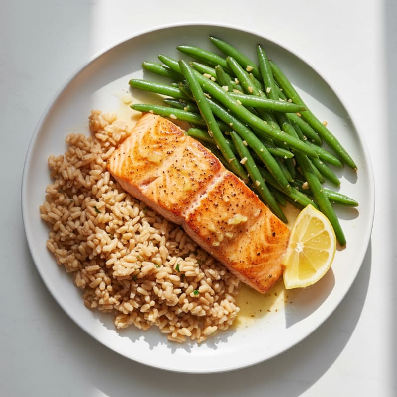 Seared Salmon Filet with Brown Rice and Garlic Green Beans