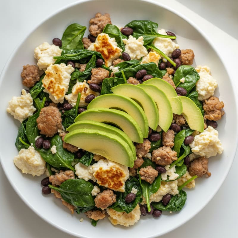 Egg White and Turkey Sausage Scramble with Sautéed Spinach