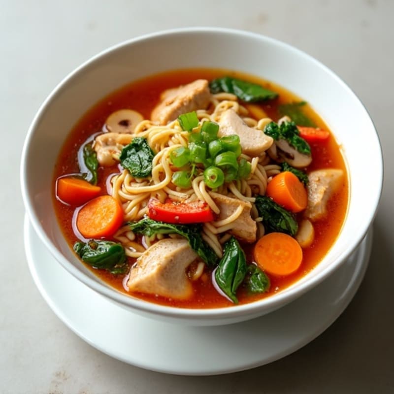 Silky Spicy Sriracha Chicken Noodle Soup with Fresh Vegetables
