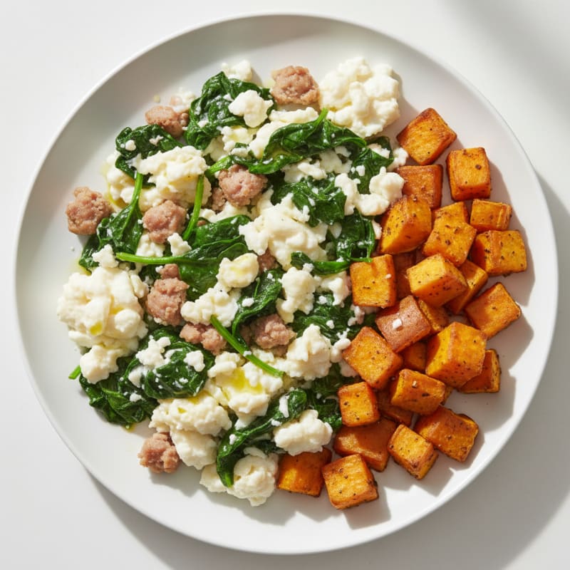 Egg White and Turkey Sausage Scramble with Spinach and Roasted Sweet Potato