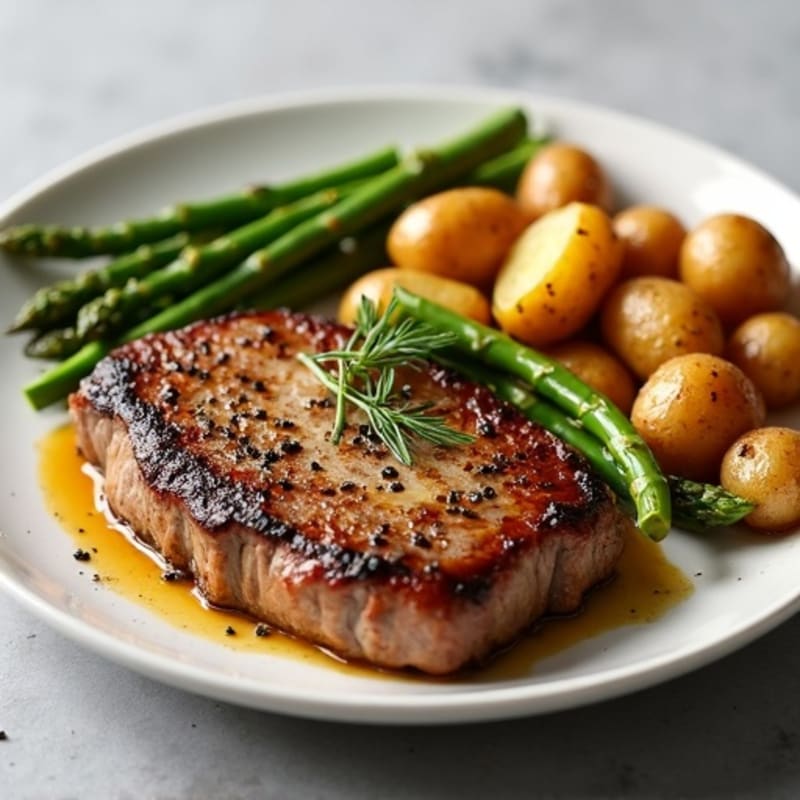 Pan-Seared Garlic Butter Steak with Roasted Potatoes and Tender Asparagus