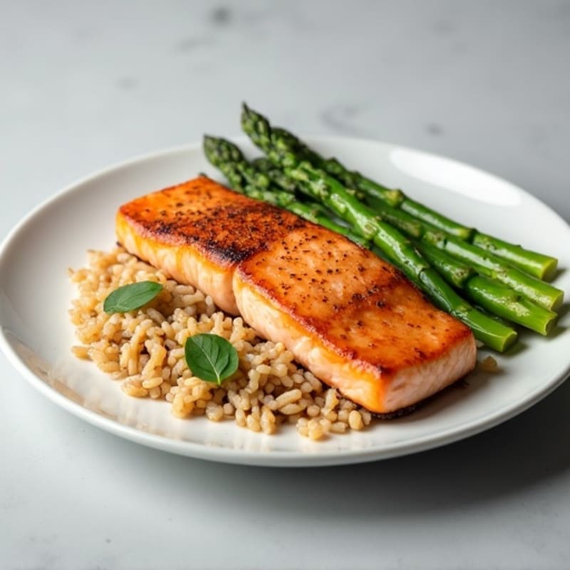 Seared Salmon Fillet with Steamed Asparagus and Brown Rice