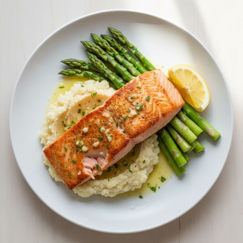Seared Salmon with Steamed Asparagus and Garlic Cauliflower Mash