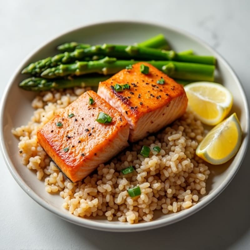 Seared Salmon with Steamed Asparagus and Brown Rice