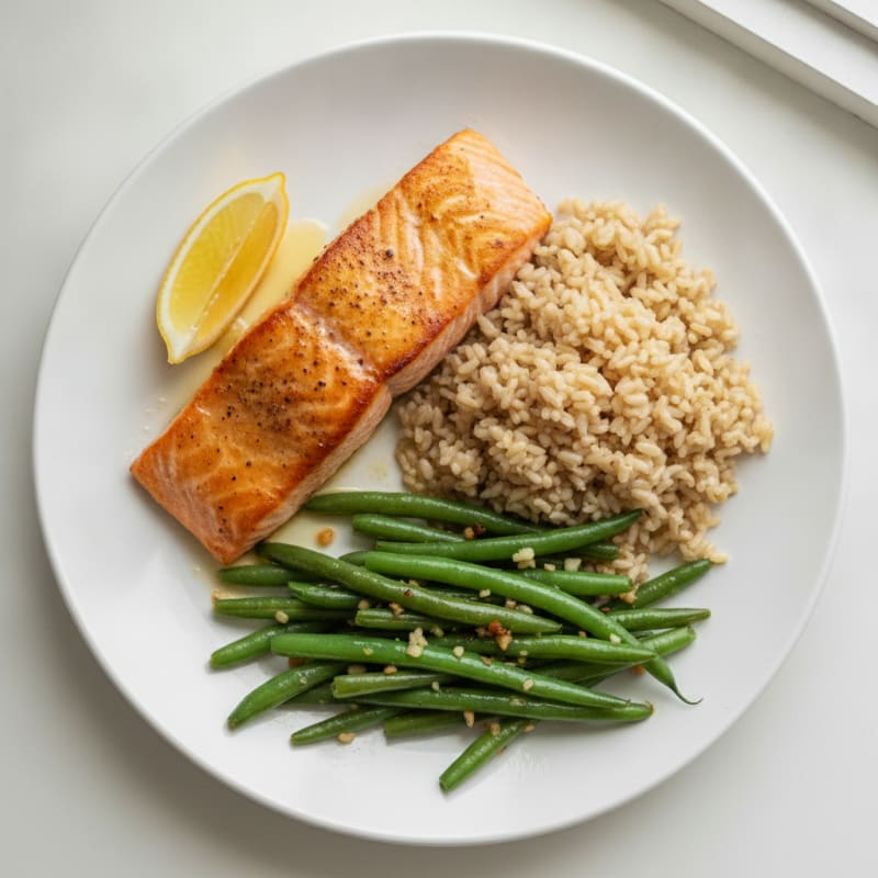Seared Salmon Fillet with Garlic Green Beans and Brown Rice