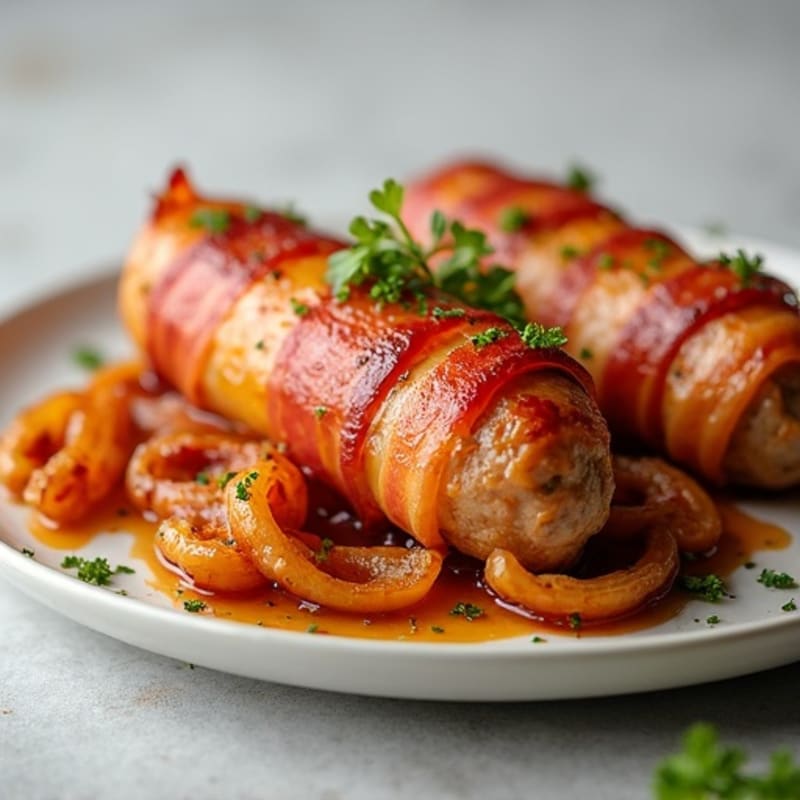 Lean Turkey Bacon-Wrapped Chicken Sausage with Caramelized Onions