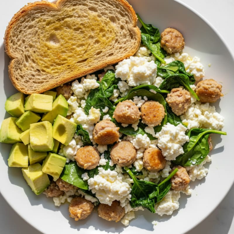 Egg White and Turkey Sausage Scramble with Spinach and Cottage Cheese