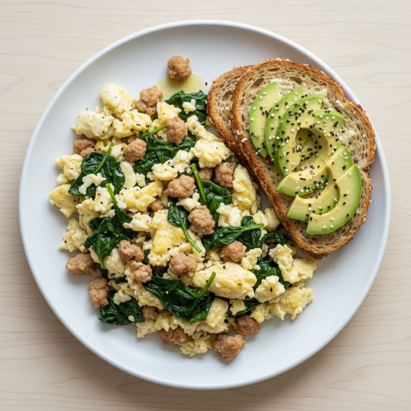 Egg White Scramble with Turkey Sausage and Sautéed Spinach