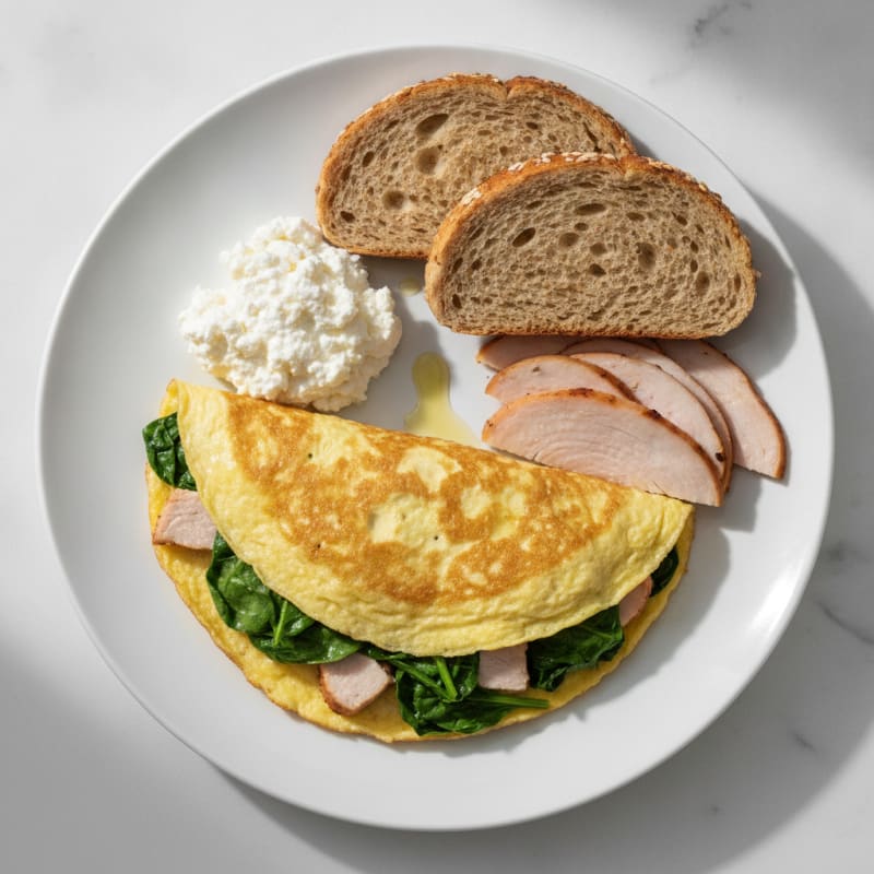Egg White Spinach Omelette with Cottage Cheese and Sliced Turkey