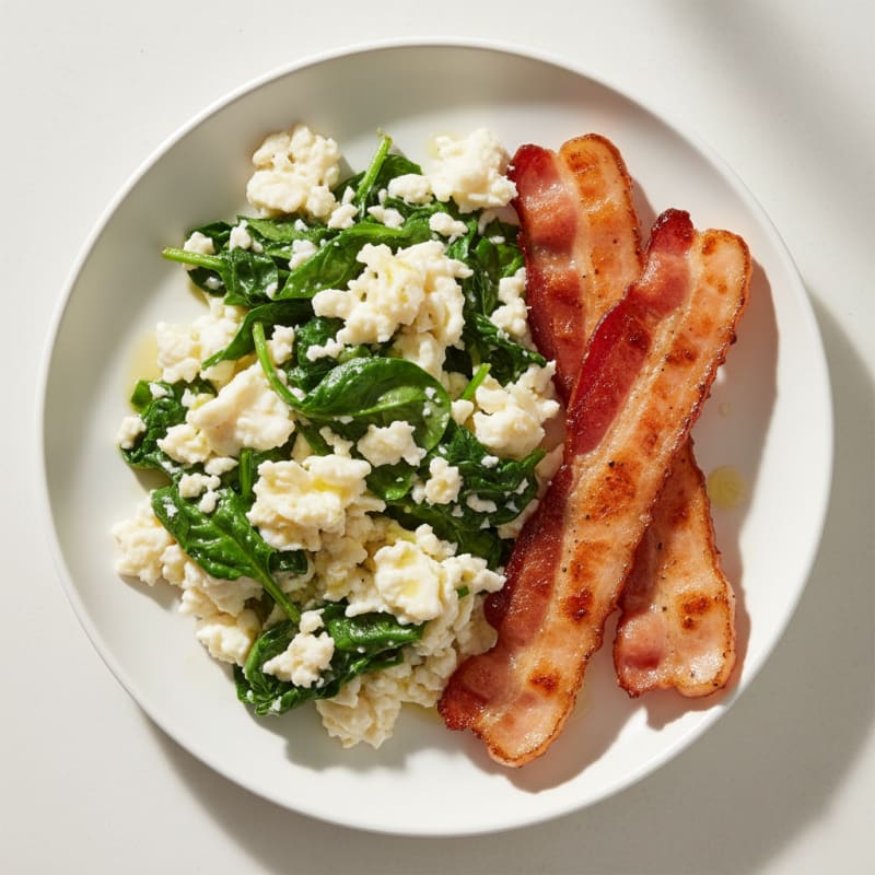 Egg White and Spinach Scramble with Grilled Turkey Bacon