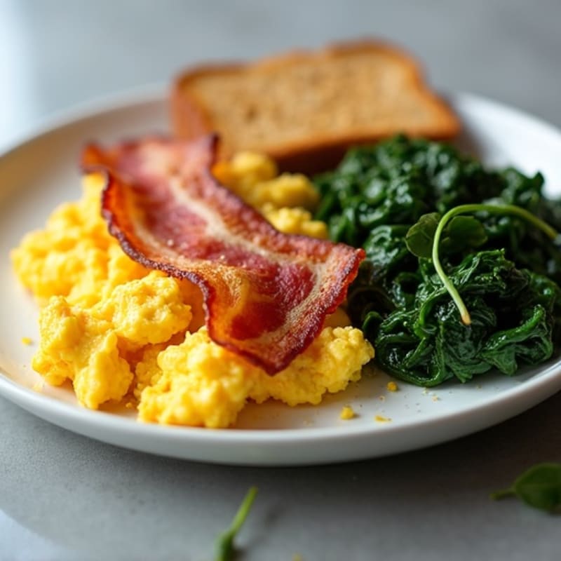 Scrambled Eggs with Crispy Turkey Bacon and Sautéed Spinach with Cheddar and Toast