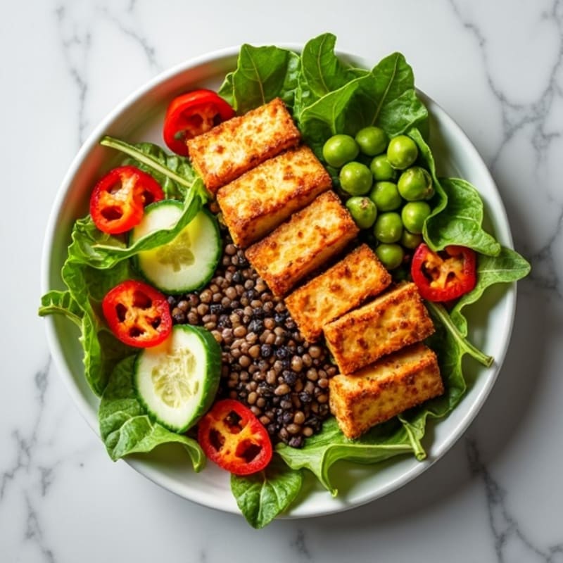 Crispy Tofu and Lentil Power Salad with Tahini Dressing